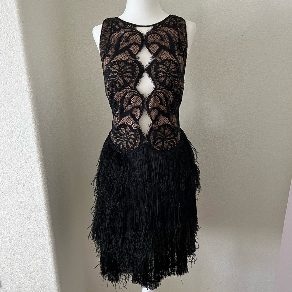 Tadashi Shoji Black, Lace, Fringe Cocktail Dress